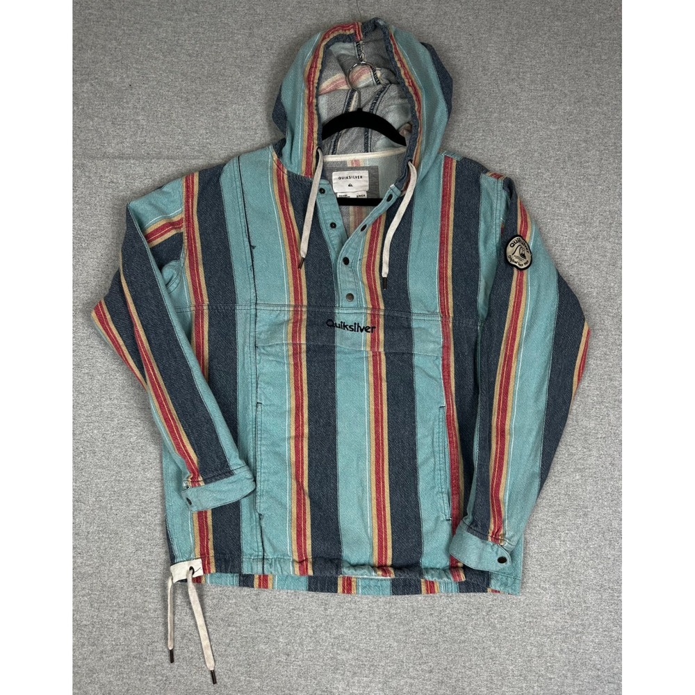 Quiksilver Baja Hoodie Mens Small Striped Cotton Pullover‎ Blue Red